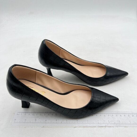 FOWT Simple Solid Croc-Embossed Pointed Toe Black Pumps for Women Black Shoes - Picture 4 of 8